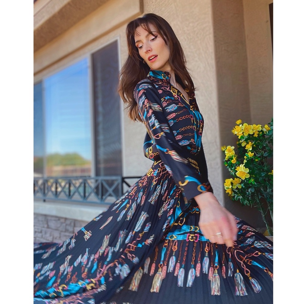 ZARA BLOGGER FAVE Black & Blue Chain Scarf Printed Long Tunic Blouse Top XS - Picture 10 of 17